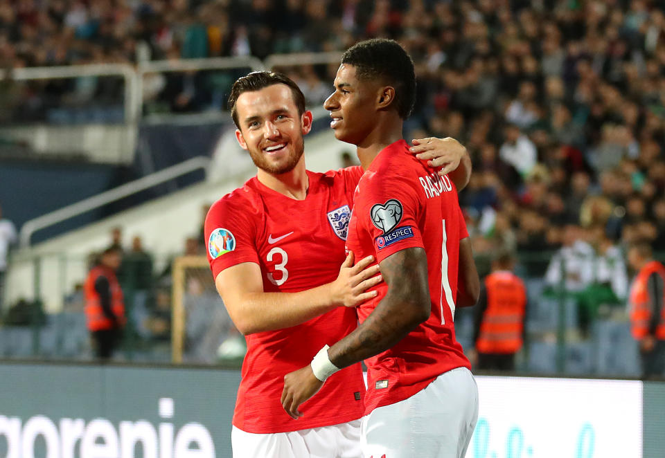 SOFIA, BULGARIA - OCTOBER 14: Marcus Rashford of England celebrates with team mates after he scores his sides first goal during the UEFA Euro 2020 qualifier between Bulgaria and England on October 14, 2019 in Sofia, Bulgaria. (Photo by Catherine Ivill/Getty Images)