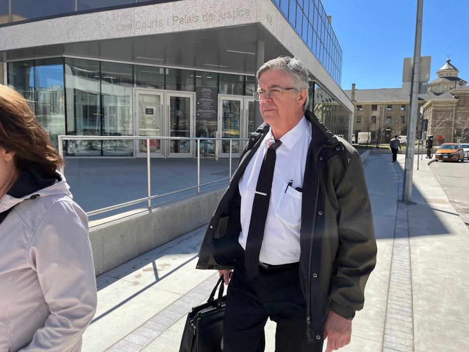 Arcel Bissonnette leaves court in Winnipeg in April 2023. (Darren Bernhardt/CBC - image credit)