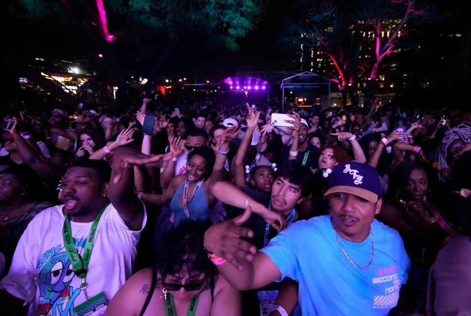 Fans dance at the Mass Appeal x Hulu “Freaknik: The Wildest Party Never Told” showcase at Stubb’s at SXSW Wednesday March 13, 2024.