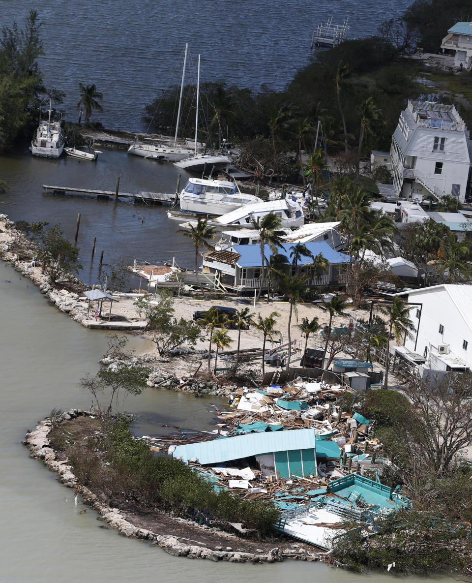 In this Sept. 11, 2017 photo, debris lies from a destroyed building in the aftermath of Hurricane Irma in Key Largo, Fla. (AP Photo/Wilfredo Lee)