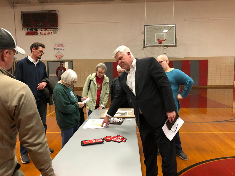 Byron Manchester of BSHM Architects explains the layout of the proposed new Utica Middle School and auditorium to North Fork residents, during a community meeting about the upcoming bond issue on the Nov. 7 ballot.