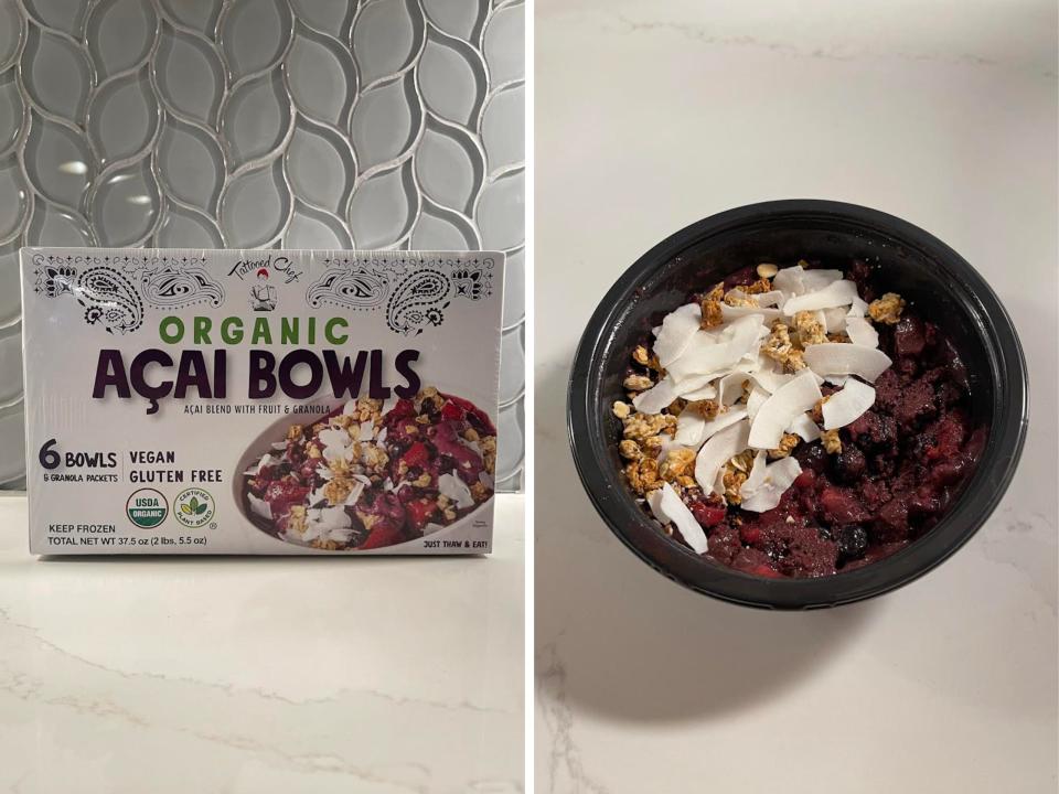 A box of açaí bowls and an açaí bowl.