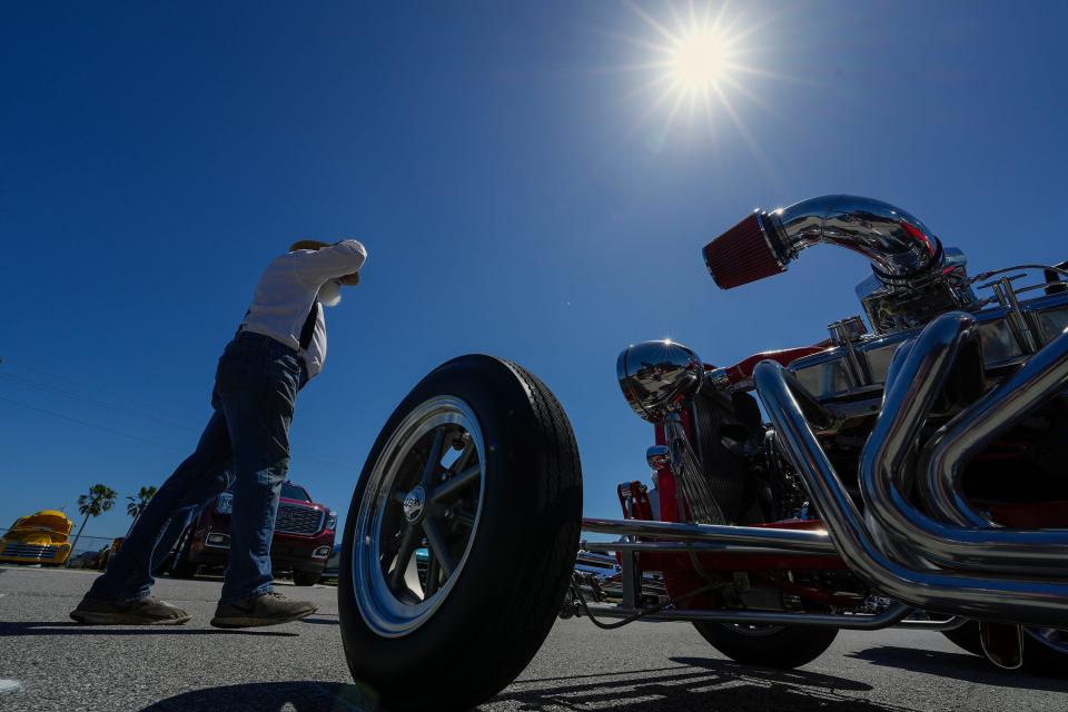 The sun shines down on one of the collectible vehicles at the Spring Turkey Run at Daytona International Speedway. The popular annual event runs through Sunday in Daytona Beach.
