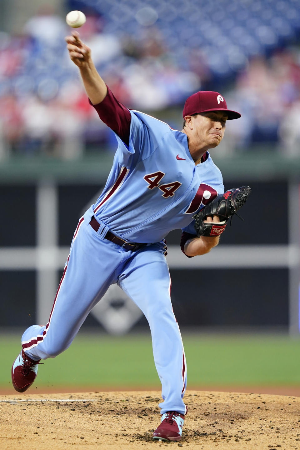 Philadelphia Phillies' Kyle Gibson pitches during the second inning of a baseball game against the Miami Marlins, Thursday, Sept. 8, 2022, in Philadelphia. (AP Photo/Matt Slocum)