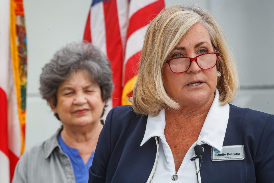 Delray Beach Mayor Shelly Petrolia, addressing members of the media during a joint press conference with Congresswoman Lois Frankel, left, D-West Palm Beach, at the Delray Beach water treatment plant Tuesday in Delray Beach. Frankel explained how  will be used for city projects. Petrolia spoke about the planning steps for the new water treatment facility and numerous other city improvement projects assisted by federal infrastructure dollars from the American Rescue Plan Act.