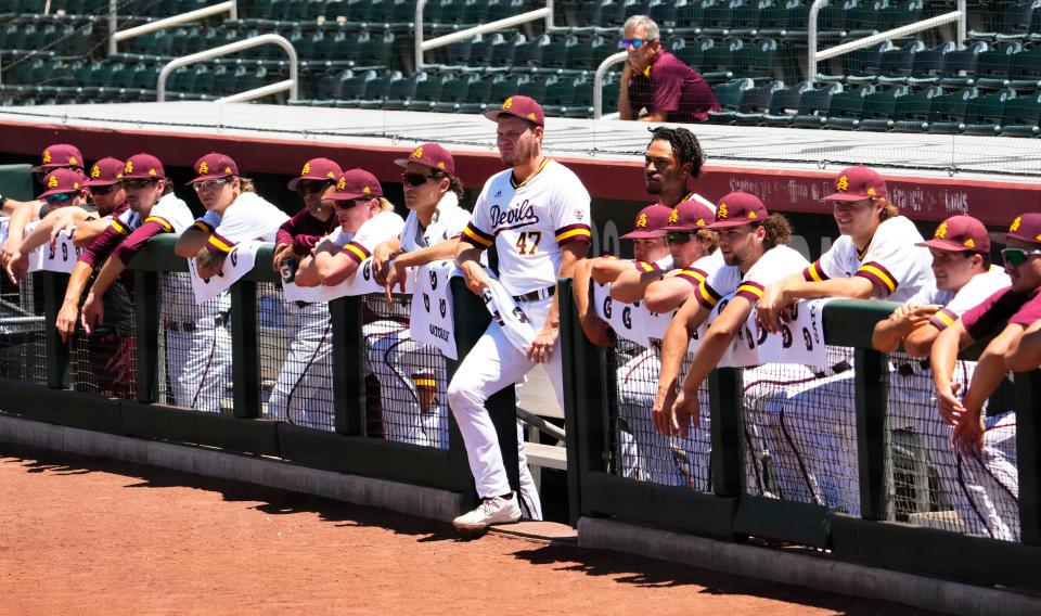 The Arizona State dugout reacts as Arizona wins 12-3 during the Pac-12 Tournament at Scottsdale Stadium in Scottsdale on May 23, 2023.