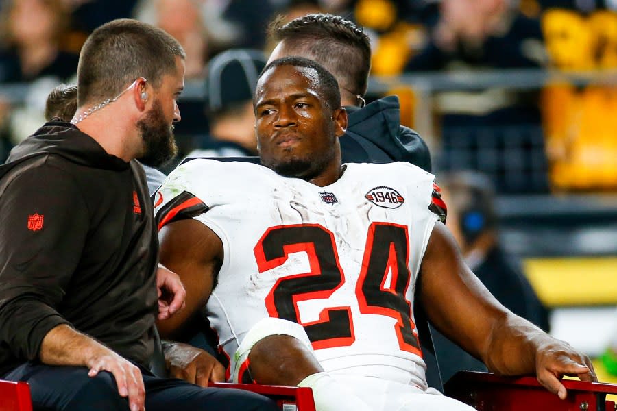 PITTSBURGH, PENNSYLVANIA – SEPTEMBER 18: Nick Chubb #24 of the Cleveland Browns is carted off the field after sustaining a knee injury during the second quarter against the Pittsburgh Steelers at Acrisure Stadium on September 18, 2023 in Pittsburgh, Pennsylvania. (Photo by Justin K. Aller/Getty Images)