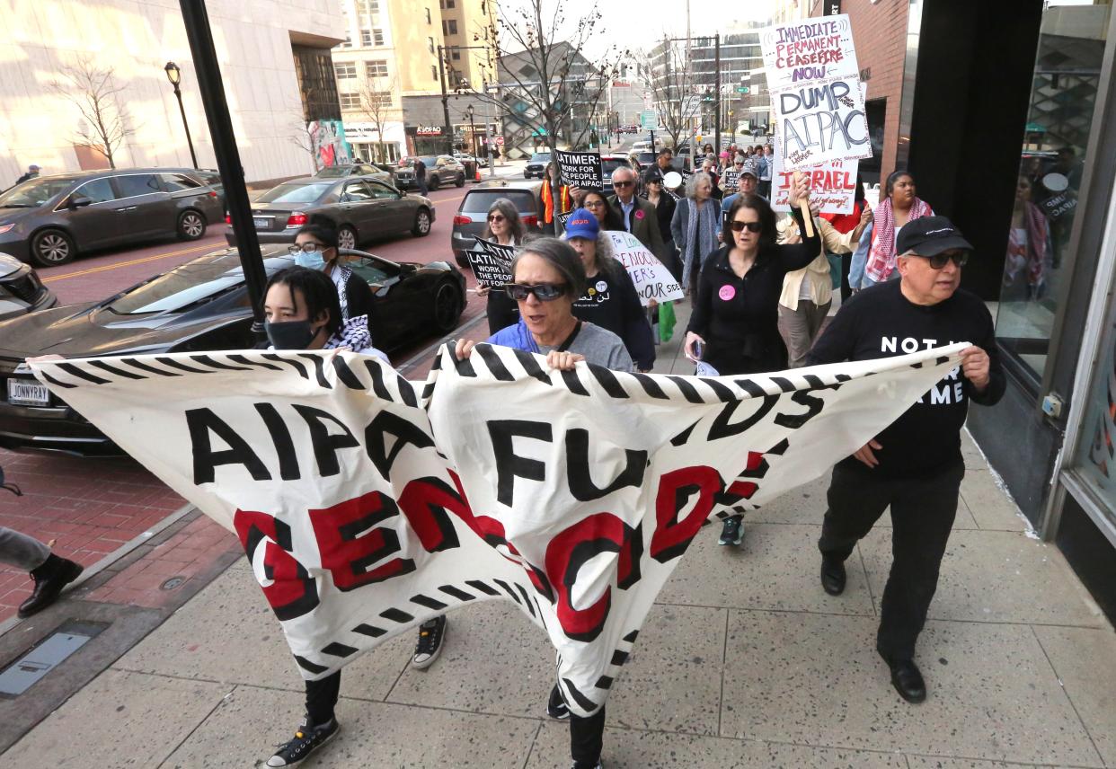 Supporters of Congressman Jamaal Bowman march to the Westchester Board of Legislators headquarters in White Plains where County Executive George Latimer was preparing to give his State of the County address March 14, 2024.