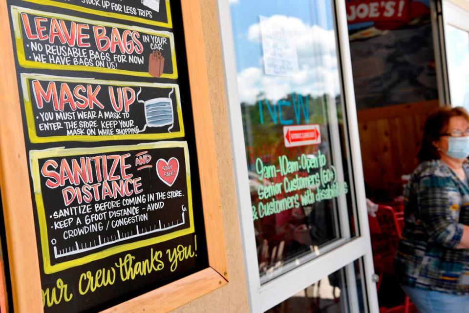 The Trader Joe’s in Patton Township promotes masking on their signs around the store in June 2020.