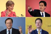 (Top L-R) Scottish National Party leader Nicola Sturgeon, Labour leader Ed Miliband (bottom L-R) Prime Minister and Conservative leader David Cameron and Liberal Democrat leader Nick Clegg make a final push for votes