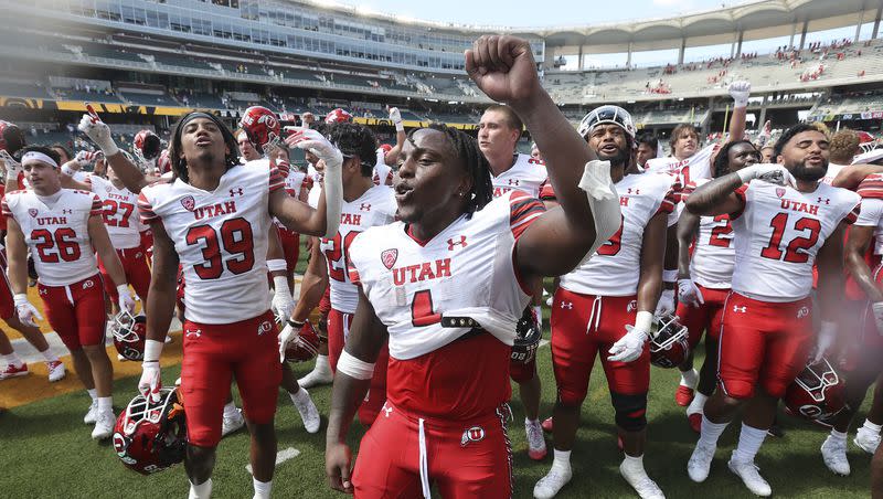 Utah running back Jaylon Glover celebrates with his team after defeating Baylor 20-13 in an NCAA college football game, Saturday, Sept. 9, 2023, in Waco, Texas. 