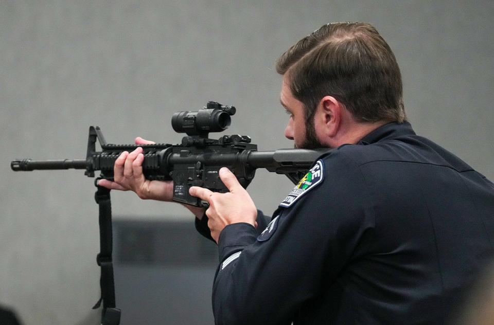 APD firearms instructor Jonathan Slayton testifies in the murder trial of Austin Police Officer Christopher Taylor on Wednesday November 1, 2023 at Blackwell-Thurman Criminal Justice Center. Taylor is charged with killing of Michael Ramos in 2020.