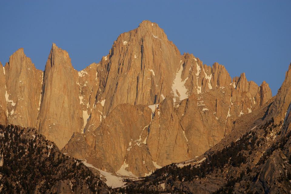 Mount Whitney, the tallest peak in the continental US at 14,494 feet, stands in the Sierra Nevada Mountains, which carry less snow than normal, on May 9, 2008 near Lone Pine, California.