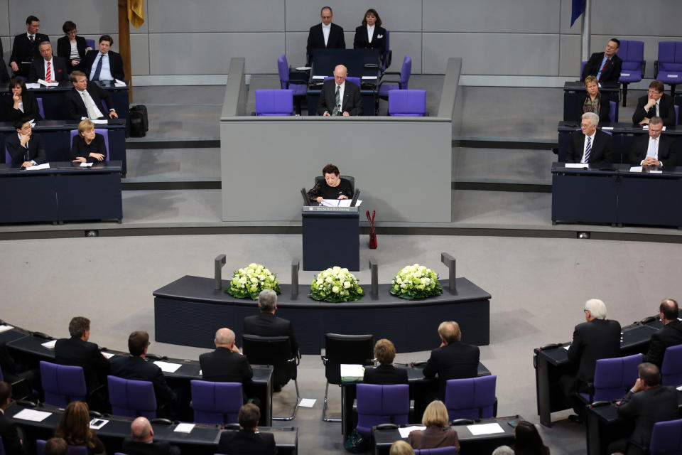 Holocaust survivor Inge Deutschkron delivers a speech during a commemorative event for the victims of the Nazi era at the German Bundestag parliament in Berlin, Germany, Jan. 30, 2013. (AP Photo/dpa, Kay Nietfeld)