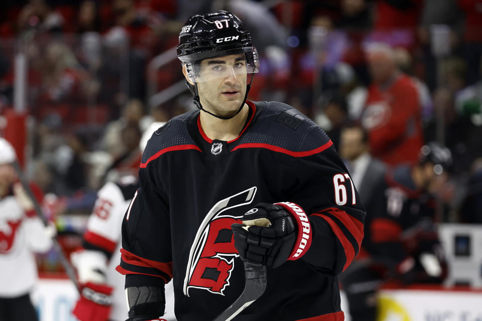 Carolina Hurricanes' Max Pacioretty (67) skates against the New Jersey Devils during the second period of an NHL hockey game in Raleigh, N.C., Tuesday, Jan. 10, 2023. With just a $1 million increase to the salary cap in 2023 and even more expected next year, short contracts like Pacioretty's are a popular route for players and teams willing to take moderate risks and kick money down the road. (AP Photo/Karl B DeBlaker)