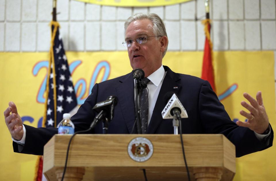 Missouri Democratic Gov. Jay Nixon speaks during an event at Gateway Hubert Wheeler School Thursday, May 1, 2014, in St. Louis. Nixon said during the event he plans to veto legislation that would cut income taxes for more than 2 million Missourians and thousands of business owners, citing concerns about its potential hit on school funding. The Republican-led Legislature has vowed to try to override his veto. (AP Photo/Jeff Roberson)