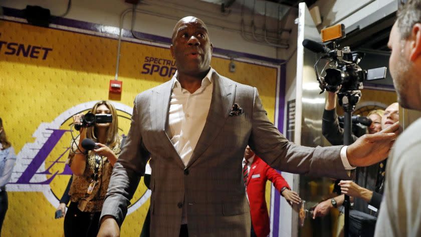 LOS ANGELES, CALIF. -- TUESDAY, APRIL 9, 2019: Earvin Magic Johnson steps down as Lakers' president of basketball operations at the Staples Center in Los Angeles, Calif., on April 9, 2019. (Gary Coronado / Los Angeles Times)