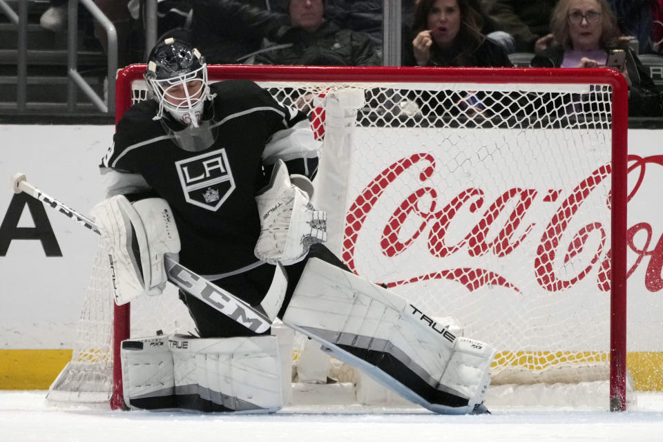 Los Angeles Kings goaltender Pheonix Copley stops a shot on goal during the second period of an NHL hockey game against the Montreal Canadiens Thursday, March 2, 2023, in Los Angeles. (AP Photo/Marcio Jose Sanchez)