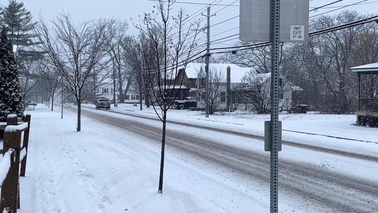 PHOTO: In this screen grab from a video, snow is shown in St. Albans, Vermont, on March 23, 2024. (WVNY)