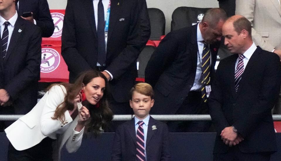 Prince William, President of the Football Association along with Catherine, Duchess of Cambridge look on prior to the UEFA Euro 2020 Championship Final between Italy and England at Wembley Stadium on July 11, 2021 in London, England.