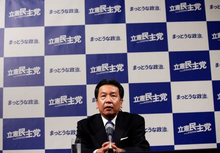 Constitutional Democratic Party of Japan leader Edano speaks with the media after Japan's lower house election at their election headquarters in Tokyo