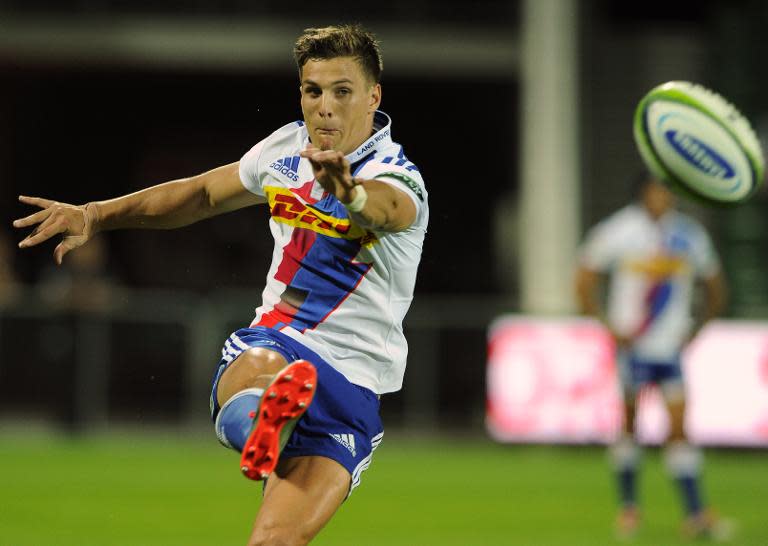 Louis Schreuder of the Western Stormers kicks the ball during their Super 15 rugby union match against Western Force, in Perth, on April 18, 2015