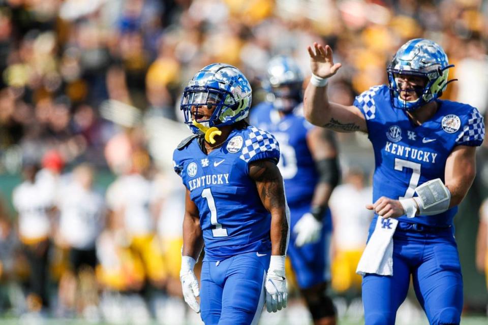 Kentucky wide receiver Wan’Dale Robinson (1) was named Most Valuable Player in the Wildcats’ 20-17 victory over Iowa in the VRBO Citrus Bowl. He set UK bowl records with 10 receptions for 170 yards.