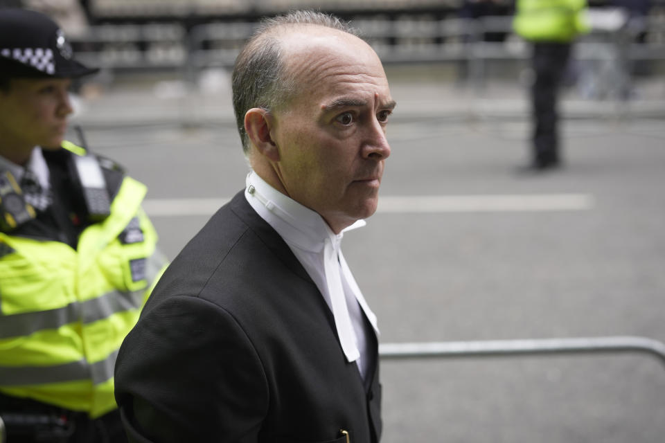 Andrew Green, the lead lawyer for Mirror Group Newspapers, arrives at the High Court in London, Wednesday, June 7, 2023. Prince Harry has given evidence from the witness box and has sworn to tell the truth in testimony against a tabloid publisher he accuses of phone hacking and other unlawful snooping. He alleges that journalists at the Daily Mirror and its sister papers used unlawful techniques on an "industrial scale" to get scoops. Publisher Mirror Group Newspapers is contesting the claims. (AP Photo/Kin Cheung)