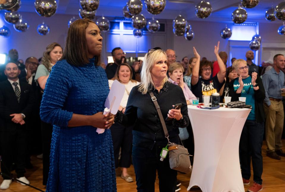 Evansville Mayor-elect Stephanie Terry, left, and Patricia Weinzapfel focus on results coming in during a democratic election watch party at City View at Sterling Square in Evansville, Ind., Tuesday, Nov. 7, 2023.