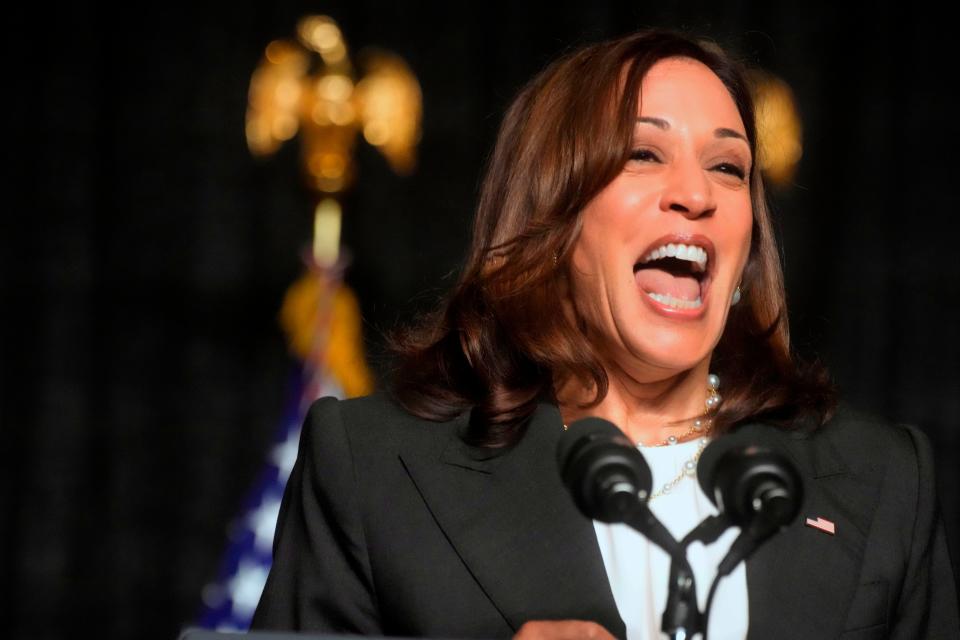 Vice President Kamala Harris speaks at a fundraising dinner for South Carolina Democrats June 10 in Columbia, S.C. It was Harris' first visit to a state party event since taking office.