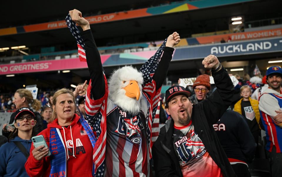 USA fans show their support prior to the FIFA Women's World Cup Australia & New Zealand 2023 Group E match between Portugal and USA at Eden Park on August 01, 2023 in Auckland / TÄmaki Makaurau, New Zealand