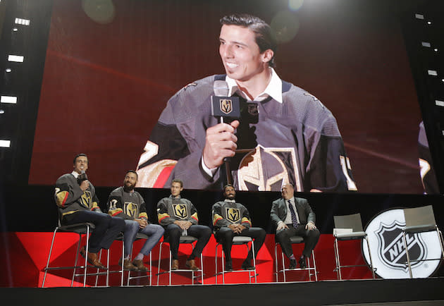 From left, Vegas Golden Knights’ Marc-Andre Fleury, Deryk Engelland, Brayden McNabb and Jason Garrison sit on stage during an event following the NHL expansion draft, Wednesday, June 21, 2017, in Las Vegas. Fleury was picked by the Golden Knights in the NHL expansion draft. (AP Photo/John Locher)