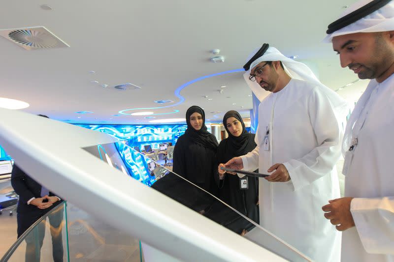 Sultan Ahmed Al Jaber, UAE Minister of State and the Abu Dhabi National Oil Company (ADNOC) Group CEO talks to employees at the Panorama Digital Command Centre at the ADNOC headquarters in Abu Dhabi