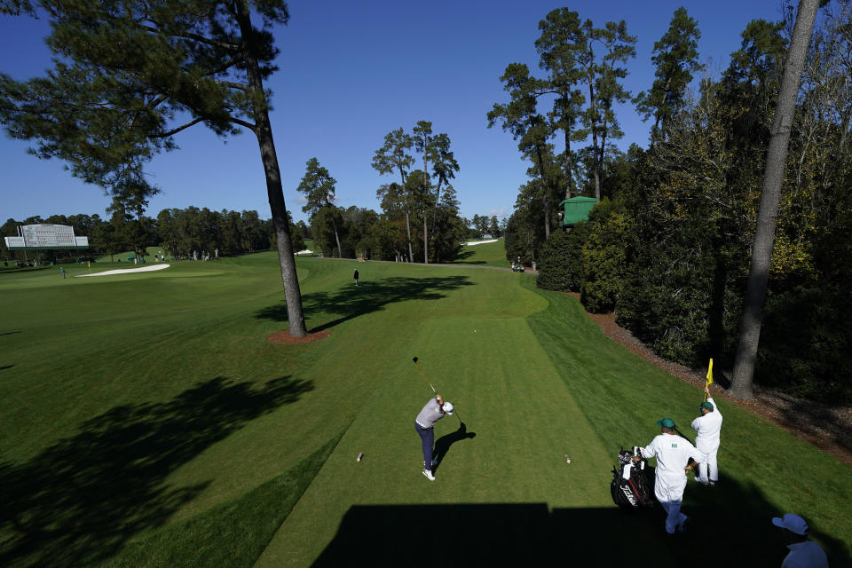 Sungjae Im, of South Korea, tees off on the 18th hole during the second round of the Masters golf tournament Friday, Nov. 13, 2020, in Augusta, Ga. (AP Photo/David J. Phillip)