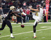 <p>New Orleans Saints defensive back Justin Hardee blocks a punt by Tampa Bay Buccaneers punter Bryan Anger (9), which Hardee recovered for a touchdown in the first half of an NFL football game in New Orleans, Sunday, Nov. 5, 2017. (AP Photo/Bill Feig) </p>