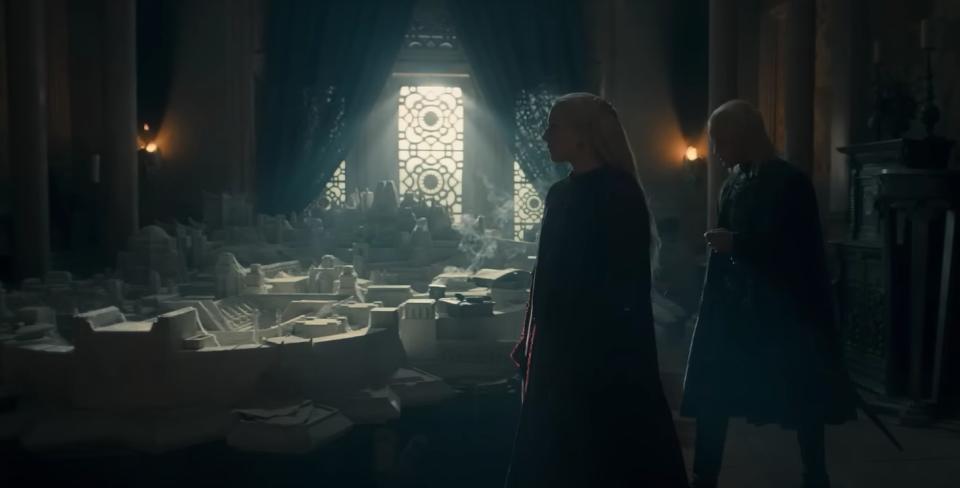 Rhaenyra and Daemon walk past Viserys' model of Old Valyria