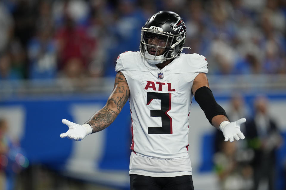 Atlanta Falcons safety Jessie Bates III complains about a penalty called against him in the first half of an NFL football game against the Detroit Lions, Sunday, Sept. 24, 2023, in Detroit. (AP Photo/Paul Sancya)