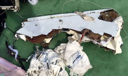 Recovered debris of the EgyptAir jet that crashed in the Mediterranean Sea is seen in this handout image released May 21, 2016 by Egypt's military. Egyptian Military/Handout via Reuter