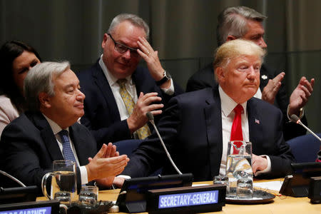 U.S. President Donald Trump and Secretary General of the United Nations Antonio Guterres attend the U.N. Global Call to Action on the World Drug Problem during the 73rd United Nations General Assembly in New York, U.S., September 24, 2018. REUTERS/Carlos Barria