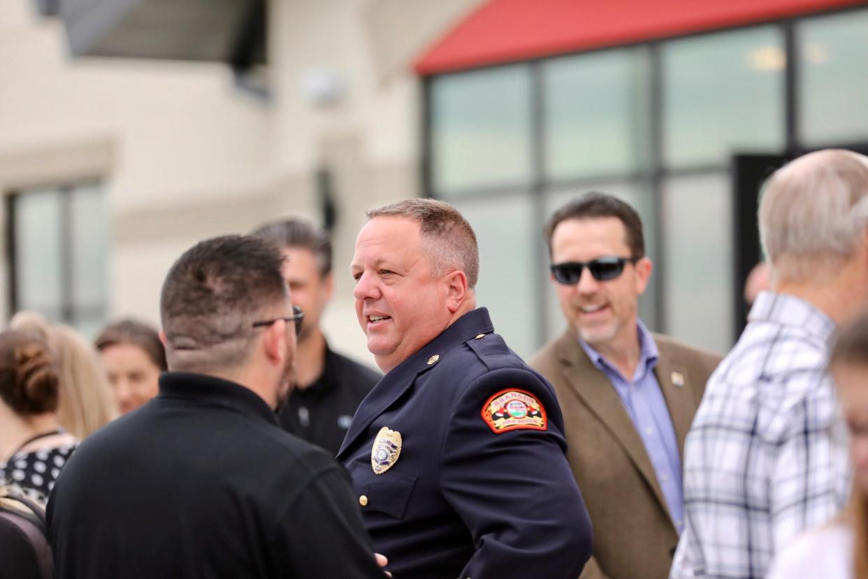 Branson Fire Chief Ted Martin, center, at Wednesday's press conference.