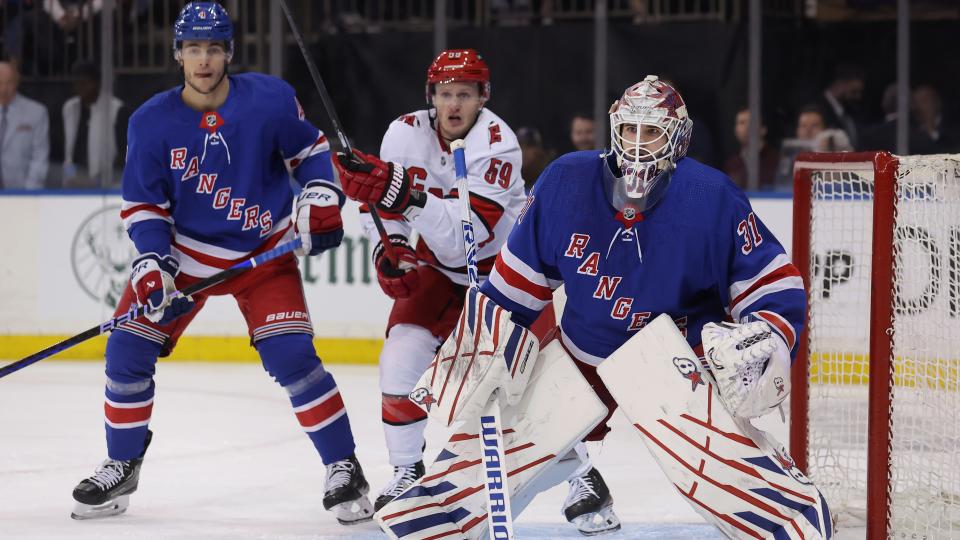 May 13, 2024; New York, New York, USA; New York Rangers goaltender Igor Shesterkin (31) tends net against the Carolina Hurricanes during the first period of game five of the second round of the 2024 Stanley Cup Playoffs at Madison Square Garden. Mandatory Credit: Brad Penner-USA TODAY Sports