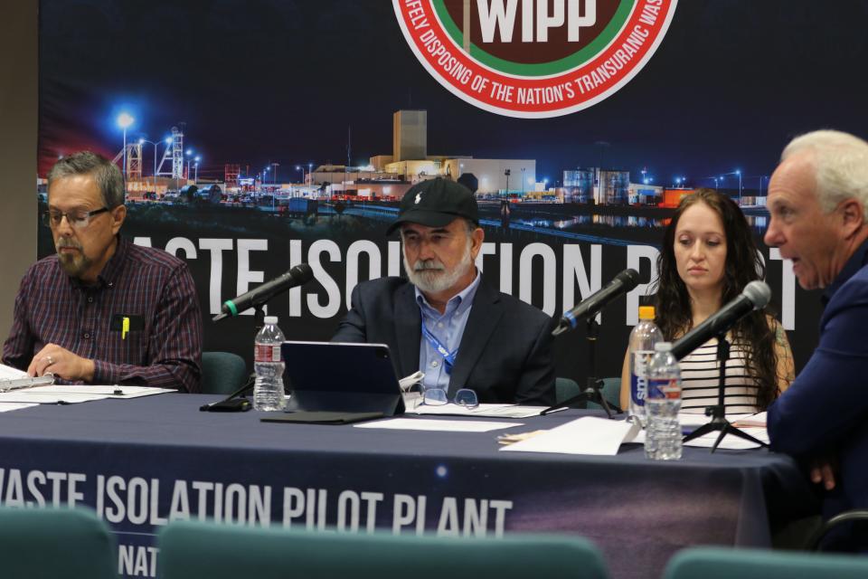 (left to right) Martine Navarrete with the Department of Energy and Rick Chavez and Ashley Waldram with Salado Isolation Mining Contractors present at a public hearing, April 17, 2024 at the Skeen Whitlock Building in Carlsbad.