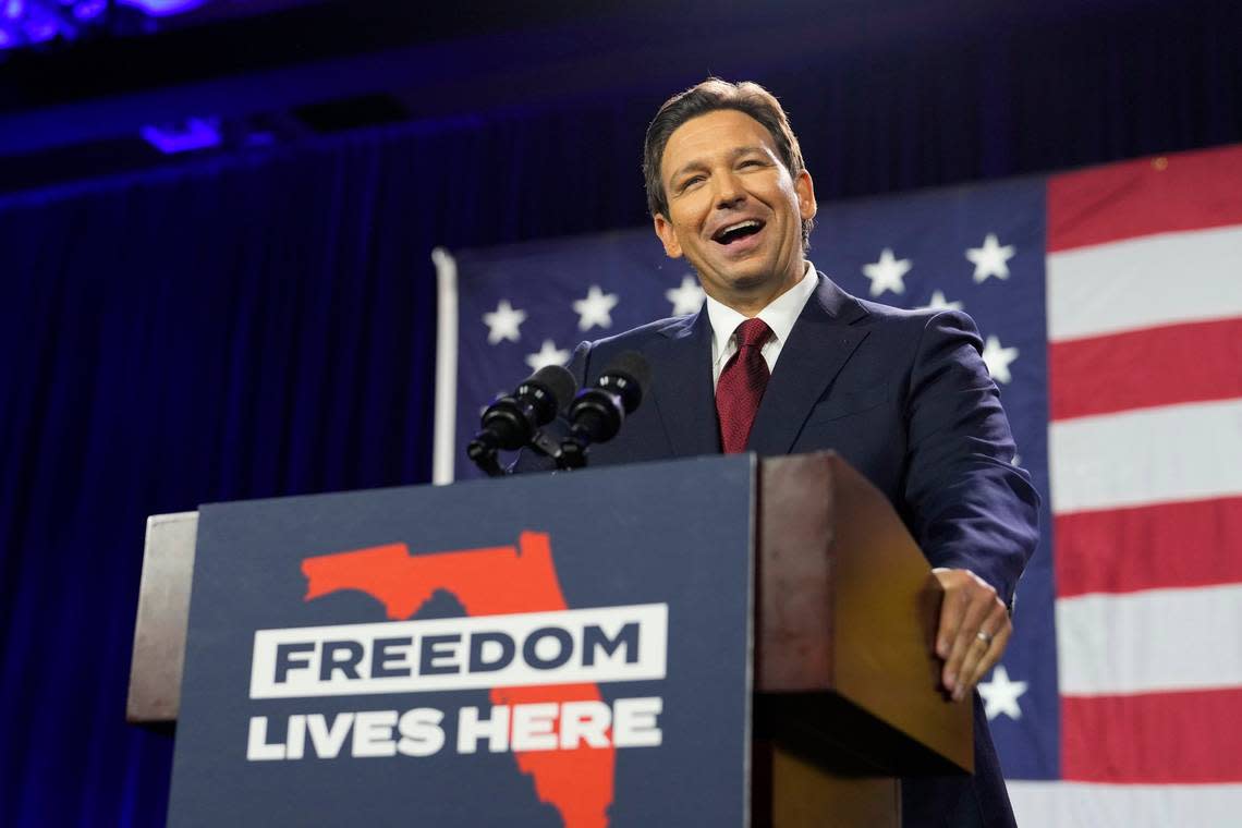 Incumbent Florida Republican Gov. Ron DeSantis speaks to supporters at an election night party in Tampa, Florida, after winning his race for reelection on Tuesday, Nov. 8, 2022.