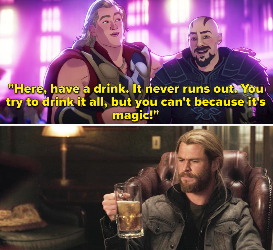 Thor saying, "Here, have a drink. It never runs out. You try to drink it all, but you can't because it's magic"