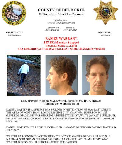 <p>Del Norte County Sheriff's Office/ Facebook</p> Wanted poster for Daniel James Walter, AKA Edward Patrick Davies