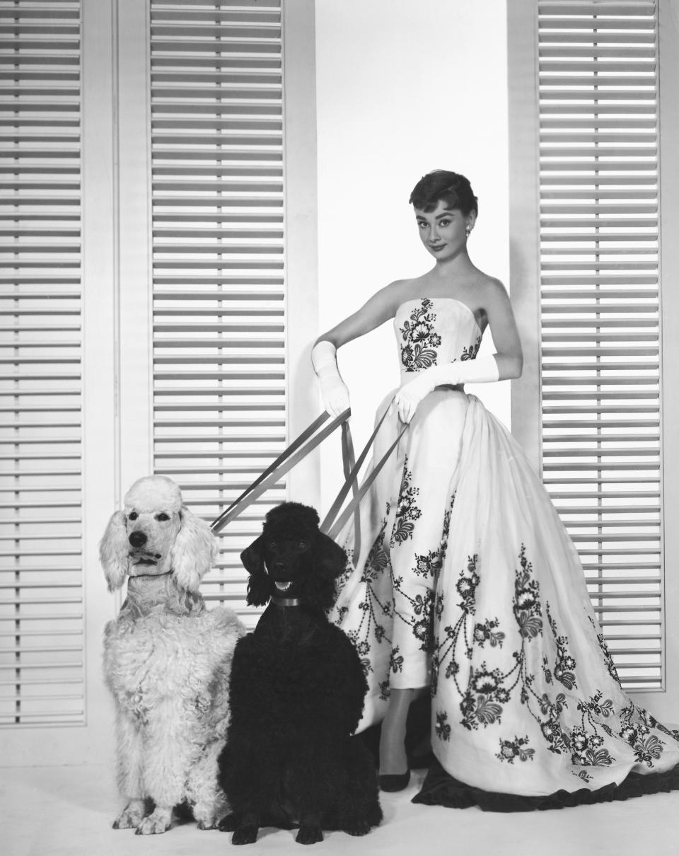 Actress Audrey Hepburn&nbsp;wearing&nbsp;the iconic Givenchy gown from the movie "Sabrina," 1954.