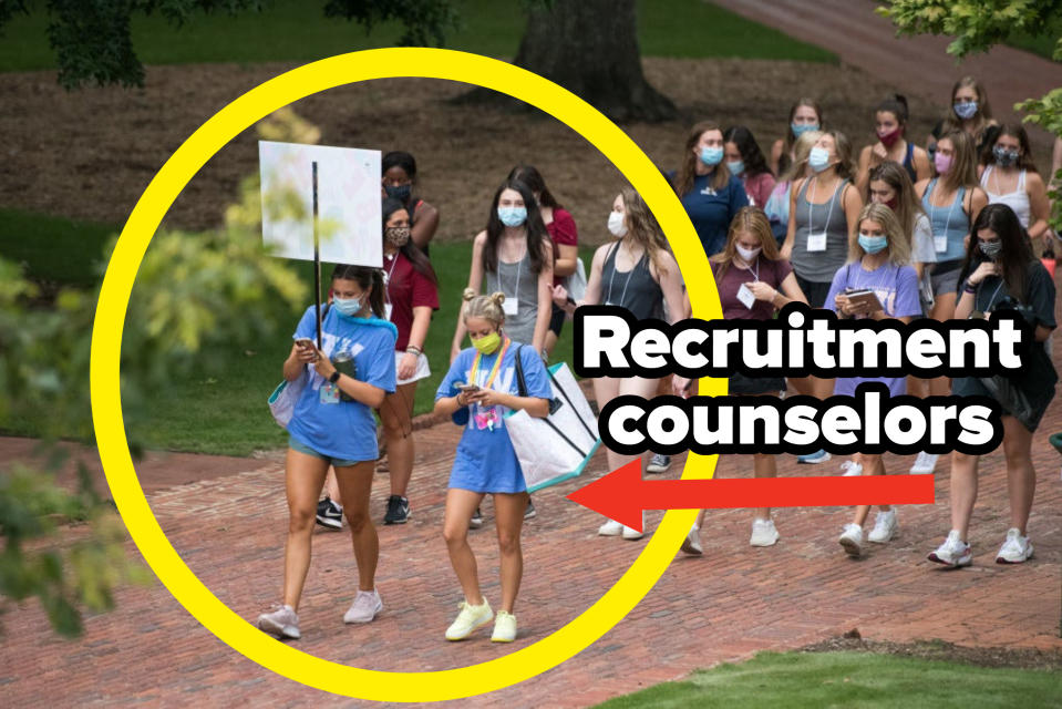 A group of young women walking together, with two women in front circled with "Recruitment counselors" text