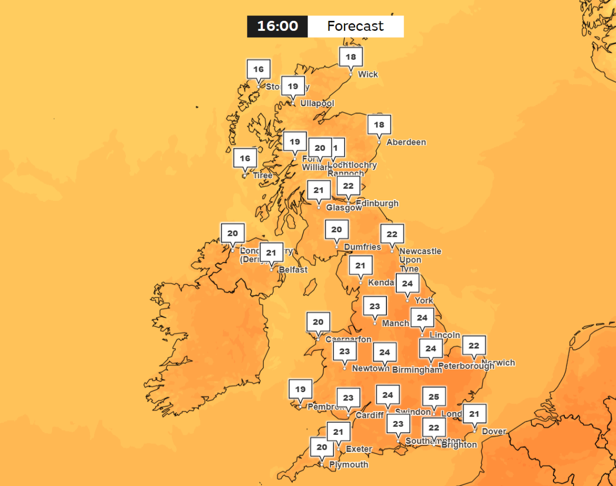 The predicted temperatures on Sunday. (Met Office)