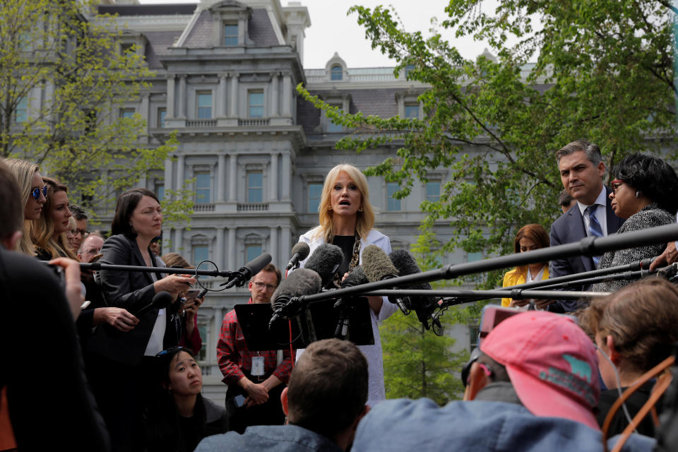 Kellyanne Conway speaks to the news media at the White House in Washington, D.C., in April. (Lucas Jackson/Reuters)