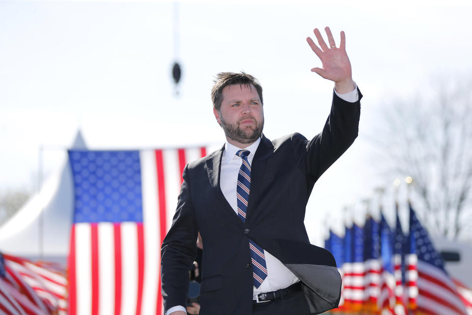 FILE - Republican Senate candidate JD Vance greets supporters at the Save America Rally at the Delaware County Fairgrounds, April 23, 2022, in Delaware, Ohio. High-profile surrogates for Republicans running in Ohio’s hotly contested Senate primary are fanning out across the state or holding other events to give their endorsed candidates a last-minute boost ahead of Tuesday’s election. Sens. Josh Hawley, Ted Cruz and Rand Paul, along with Reps. Matt Gaetz and Marjorie Taylor Greene, were among the conservative emissaries making final pitches in the critical Senate race. (AP Photo/Joe Maiorana)